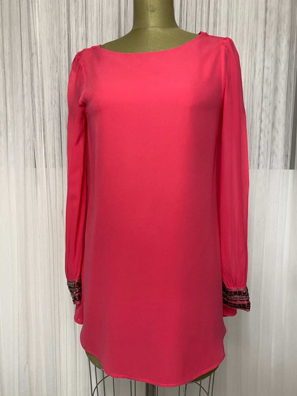 GUESS by Marciano Long Sheer Sleeves Shift Mini Dress with Embellished Cuffs S